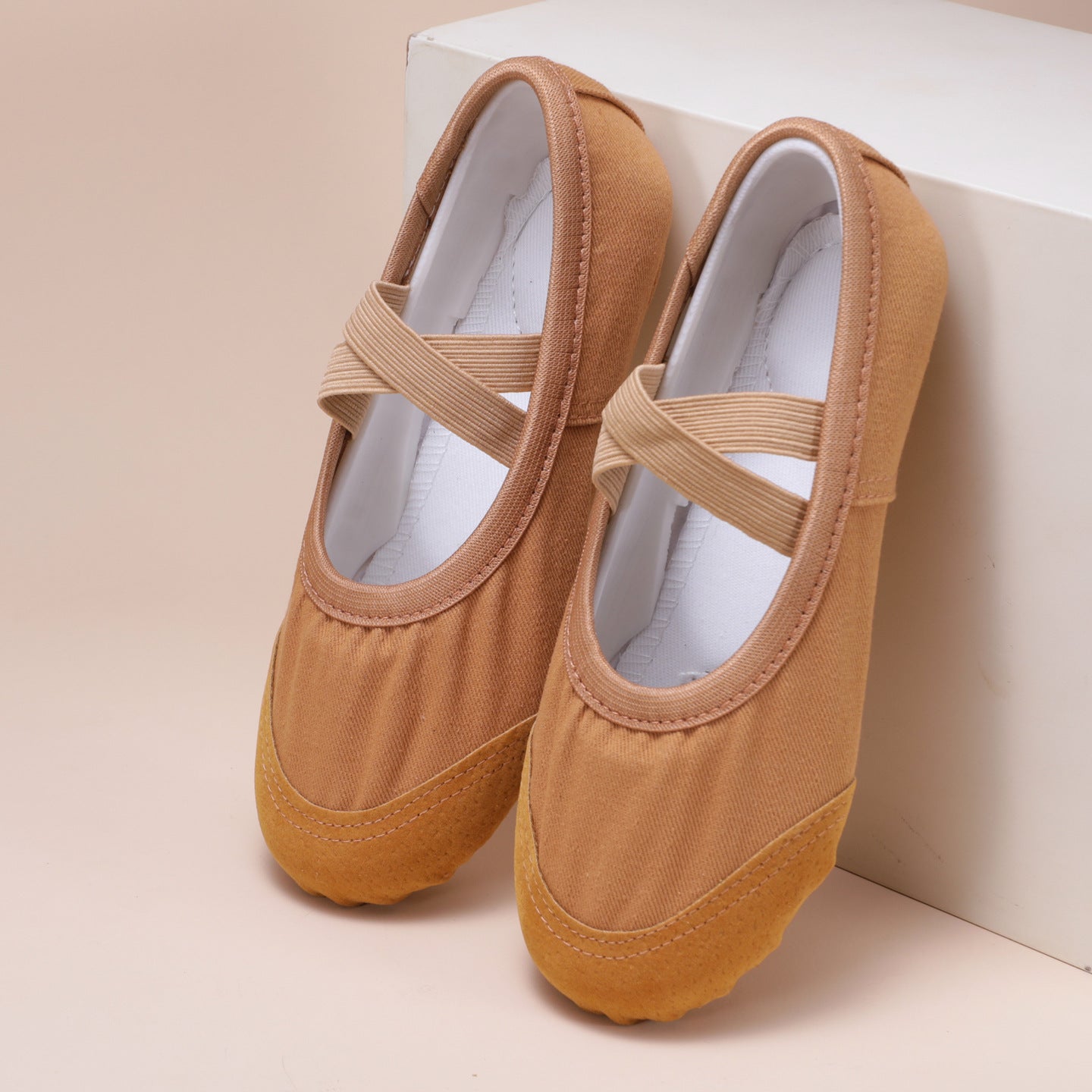 Brown Ballet Dance Shoes – Elastic Cross Strap Practice Flats